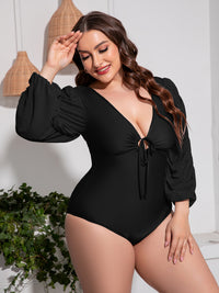 Thumbnail for Plus Size Tied Deep V Balloon Sleeve One-Piece Swimsuit