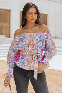 Thumbnail for Printed Off-Shoulder Flounce Sleeve Belted Blouse