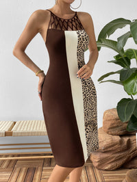 Thumbnail for Leopard Color Block Cutout Sleeveless Knee-Length Dress