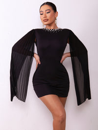 Thumbnail for Backless Pearl Detail Pleated Split Sleeve Dress