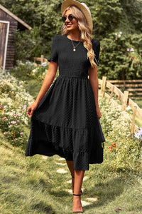 Thumbnail for Swiss Dot Smocked Round Neck Short Sleeve Midi Dress