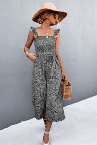 Thumbnail for Printed Ruffle Strap Smocked Belted Jumpsuit