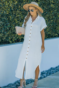 Thumbnail for Textured Button Down Slit Shirt Dress