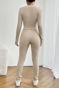 Thumbnail for Ribbed V-Neck Long Sleeve Cropped Top and Pants Set