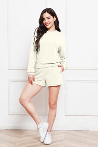 Thumbnail for Round Neck Long Sleeve Top and Shorts Set