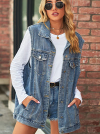 Thumbnail for Collared Neck Sleeveless Denim Top with Pockets