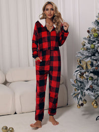 Thumbnail for Plaid Zip Front Long Sleeve Hooded Lounge Jumpsuit