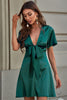 Tie Front Plunge Flutter Sleeve Mini Dress