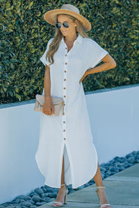 Thumbnail for Textured Button Down Slit Shirt Dress