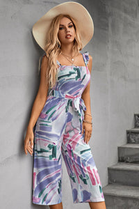 Thumbnail for Printed Ruffle Strap Smocked Belted Jumpsuit