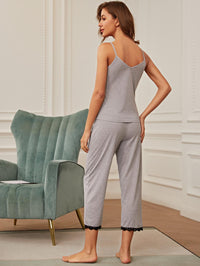 Thumbnail for V-Neck Lace Trim Slit Cami and Pants Pajama Set