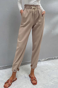 Thumbnail for Drawstring Paperbag Waist Button Detail Pants