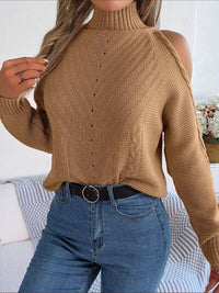 Thumbnail for Cable-Knit Turtleneck Cold Shoulder Sweater
