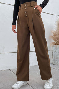 Thumbnail for Button-Fly Pleated Waist Wide Leg Pants with Pockets