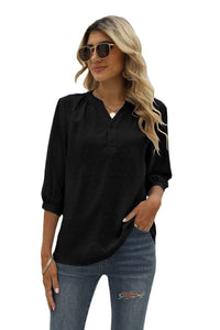 Thumbnail for Swiss Dot Notched Neck Three-Quarter Sleeve Blouse