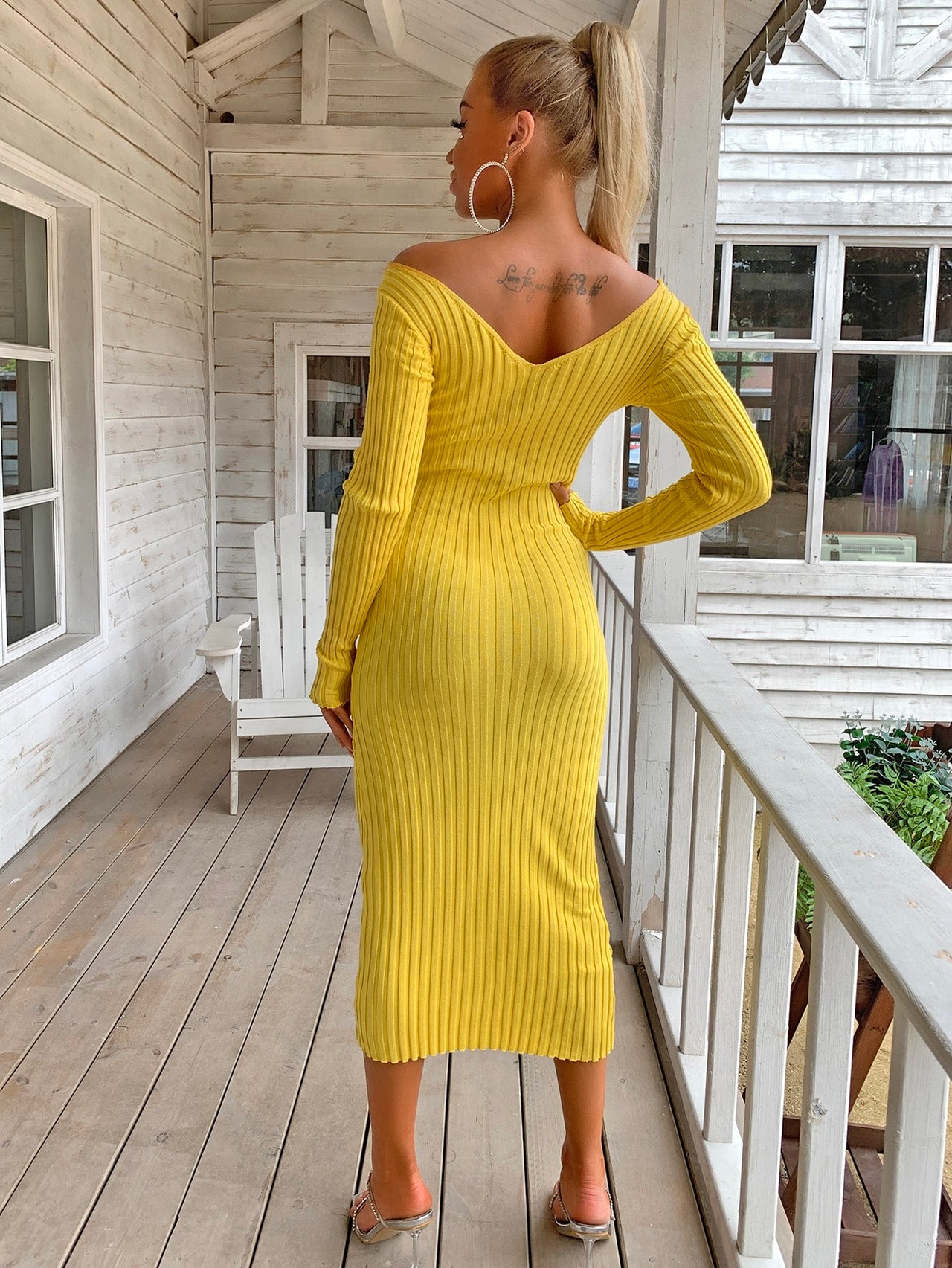 Ribbed V-Neck Midi Sweater Dress