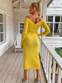 Thumbnail for Ribbed V-Neck Midi Sweater Dress