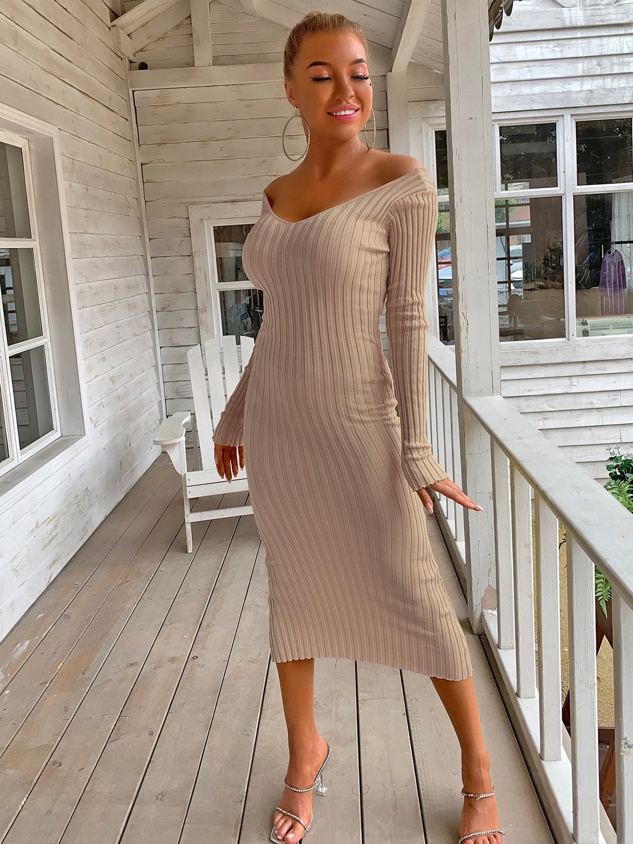 Ribbed V-Neck Midi Sweater Dress