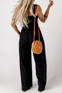 Thumbnail for Smocked Square Neck Wide Leg Jumpsuit with Pockets