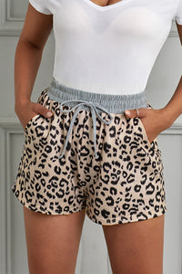 Thumbnail for Leopard Print Drawstring Waist Shorts with Pockets