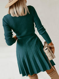 Thumbnail for Surplice Neck Tie Front Pleated Sweater Dress