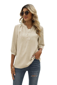 Thumbnail for Swiss Dot Notched Neck Three-Quarter Sleeve Blouse