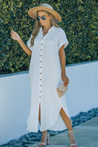 Thumbnail for Textured Button Down Slit Shirt Dress