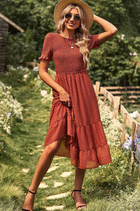 Thumbnail for Swiss Dot Smocked Round Neck Short Sleeve Midi Dress