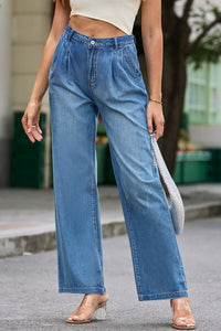 Thumbnail for Buttoned Wide Leg Jeans with Pockets