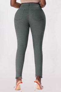 Thumbnail for Button Fly Hem Detail Skinny Jeans