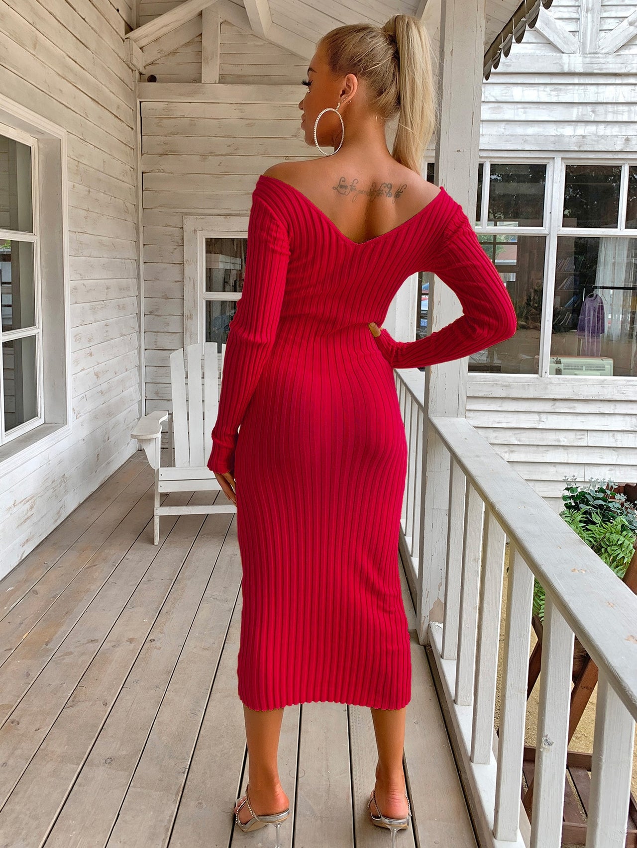 Ribbed V-Neck Midi Sweater Dress