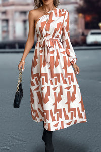 Thumbnail for Printed One-Shoulder Tie Waist Dress