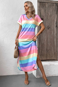 Thumbnail for Color Block V-Neck Short Sleeve Slit Dress with Pockets