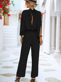 Thumbnail for Tie Back Mock Neck Split Sleeve Jumpsuit