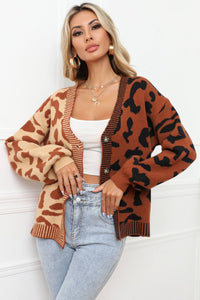 Thumbnail for Leopard Button Front Ribbed Trim Cardigan