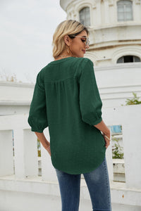 Thumbnail for Swiss Dot Notched Neck Three-Quarter Sleeve Blouse