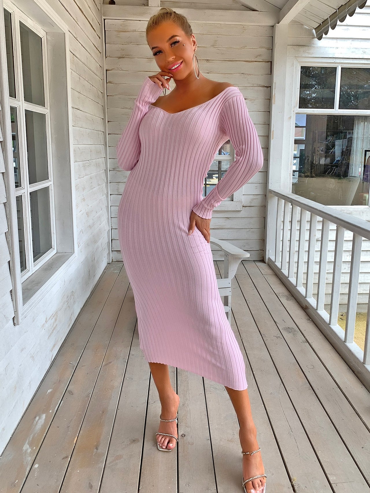 Ribbed V-Neck Midi Sweater Dress