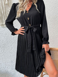 Thumbnail for Decorative Button Belted Puff Sleeve Pleated Dress