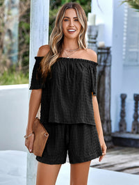 Thumbnail for Textured Frill Trim Off-Shoulder Top and Shorts Set