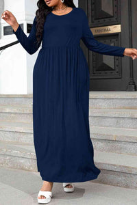 Thumbnail for Plus Size Round Neck Long Sleeve Maxi Dress with Pockets