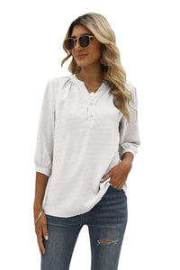 Thumbnail for Swiss Dot Notched Neck Three-Quarter Sleeve Blouse