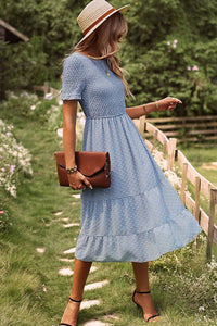 Thumbnail for Swiss Dot Smocked Round Neck Short Sleeve Midi Dress