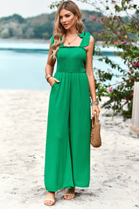 Thumbnail for Frill Trim Tie Shoulder Wide Leg Jumpsuit with Pockets