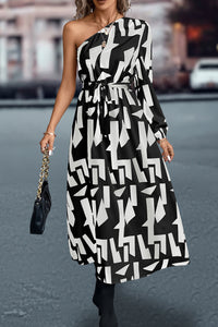 Thumbnail for Printed One-Shoulder Tie Waist Dress