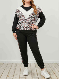 Thumbnail for Plus Size Leopard Sweatshirt and Sweatpants Set