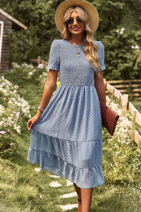 Thumbnail for Swiss Dot Smocked Round Neck Short Sleeve Midi Dress