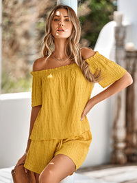 Thumbnail for Textured Frill Trim Off-Shoulder Top and Shorts Set