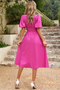 Thumbnail for Puff Sleeve Smocked Waist Midi Dress