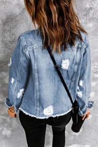 Thumbnail for Distressed Raw Hem Denim Jacket