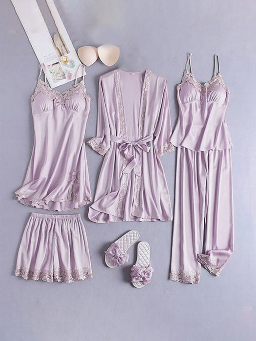 Contrasting Color Lace Pajamas Five-Piece Set